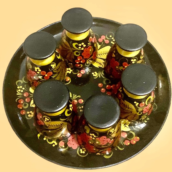 Vintage Russian Khokhloma Folk Art Wooden Hand Painted Serving Tray and Cups - Picture 4 of 13